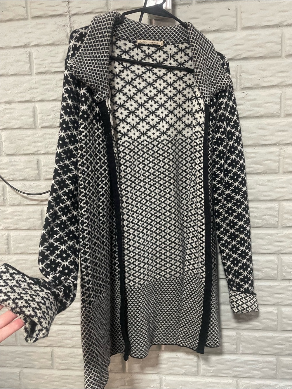 CHIARAMENTE Womens Black Geometric Button Long Cardigan Sweater Wool Blend Large